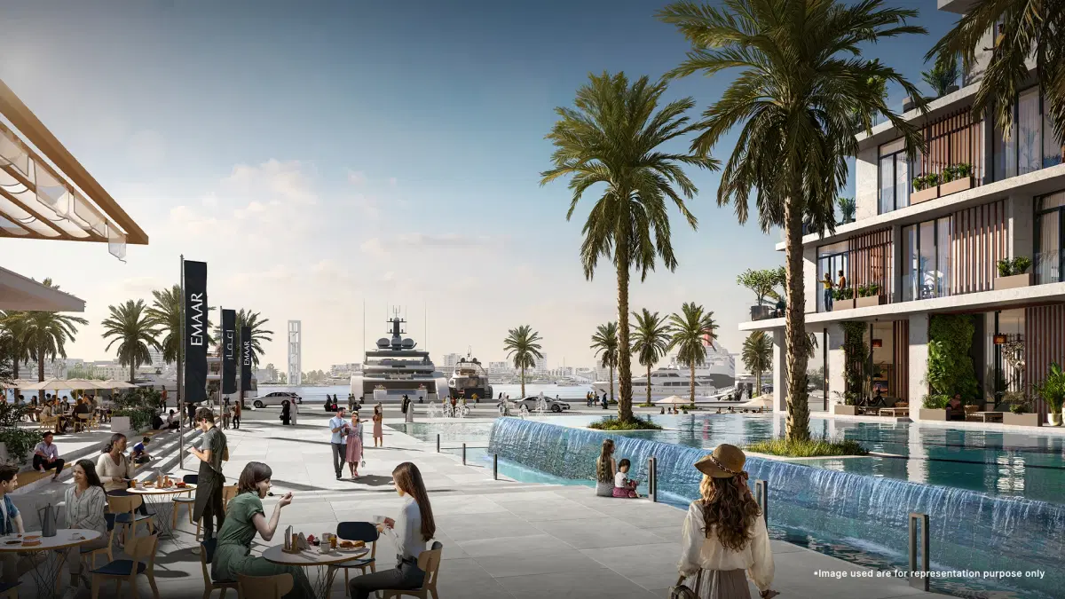 Infinity edge pool at Emaar Seascape, offering stunning views of Rashid Yachts and the marina's horizon.