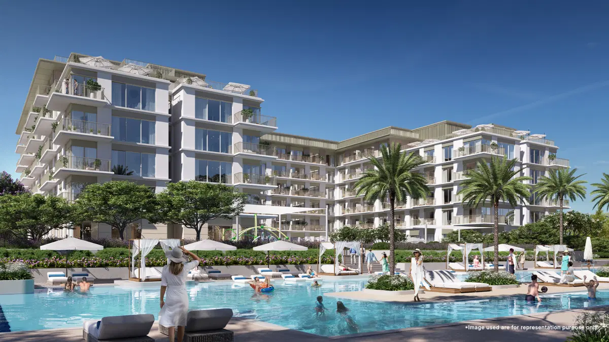 Luxurious cabana areas at Emaar Sunridge, overlooking the serene pool and Rashid Yachts Marina.