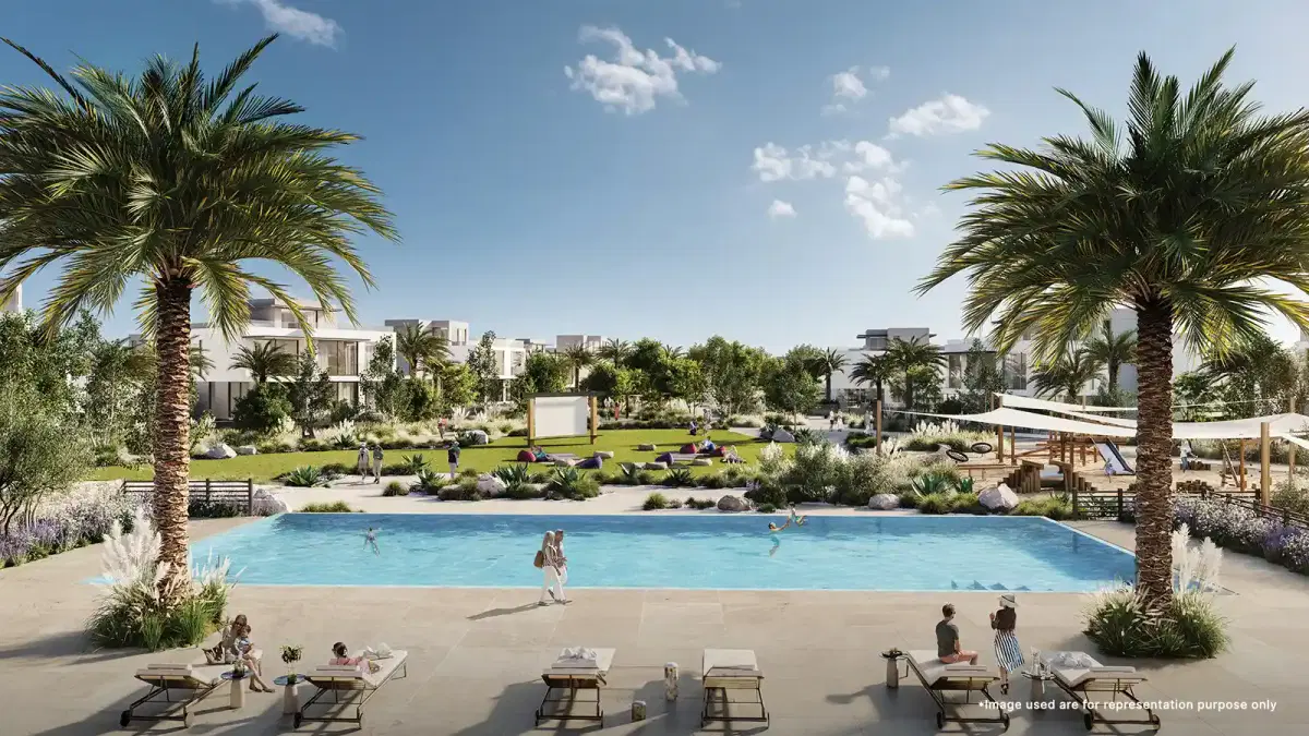 Luxurious private pool at Emaar Farm Gardens 2 at the valley, offering serene outdoor living and relaxation